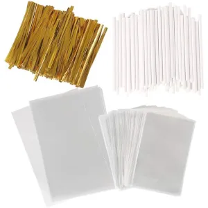 100pcs Small Cake Pop Bags with 100pcs Paper Lollipop Sticks and 110pcs Gold Twist Ties, Clear Cellophane Treat Wrappers and Sucker Sticks Kit