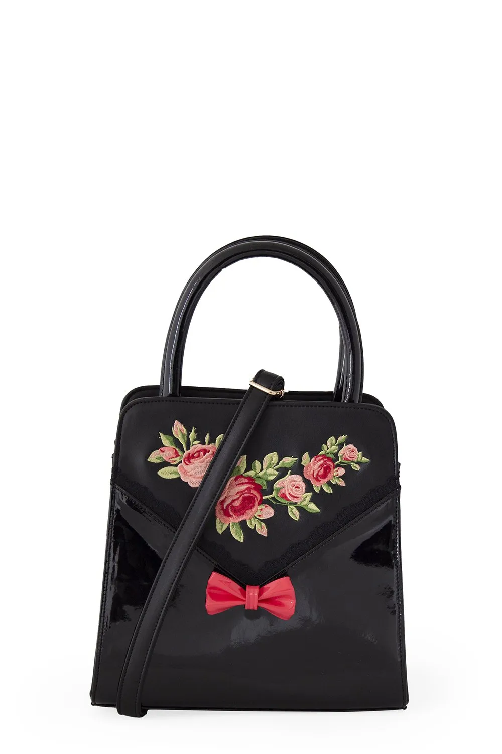 Dancing Days Retro Vintage English Rose Handbag with Bow - Black