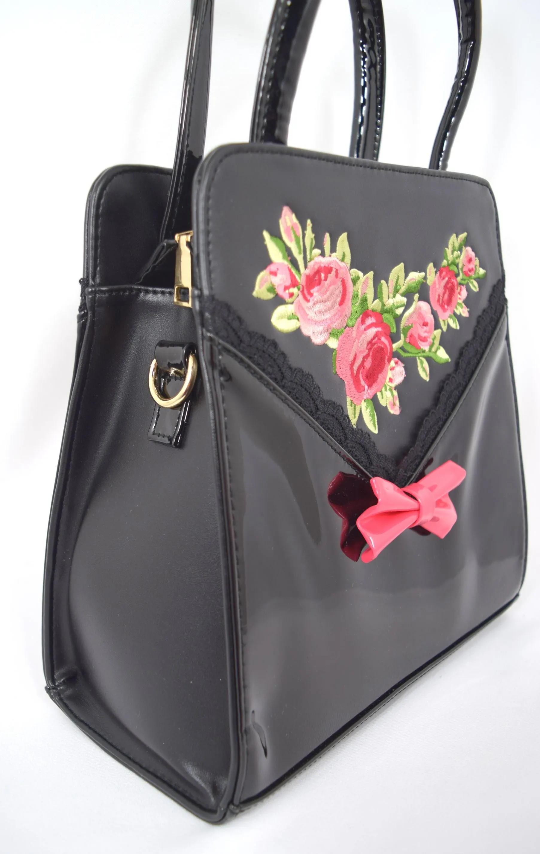 Dancing Days Retro Vintage English Rose Handbag with Bow - Black