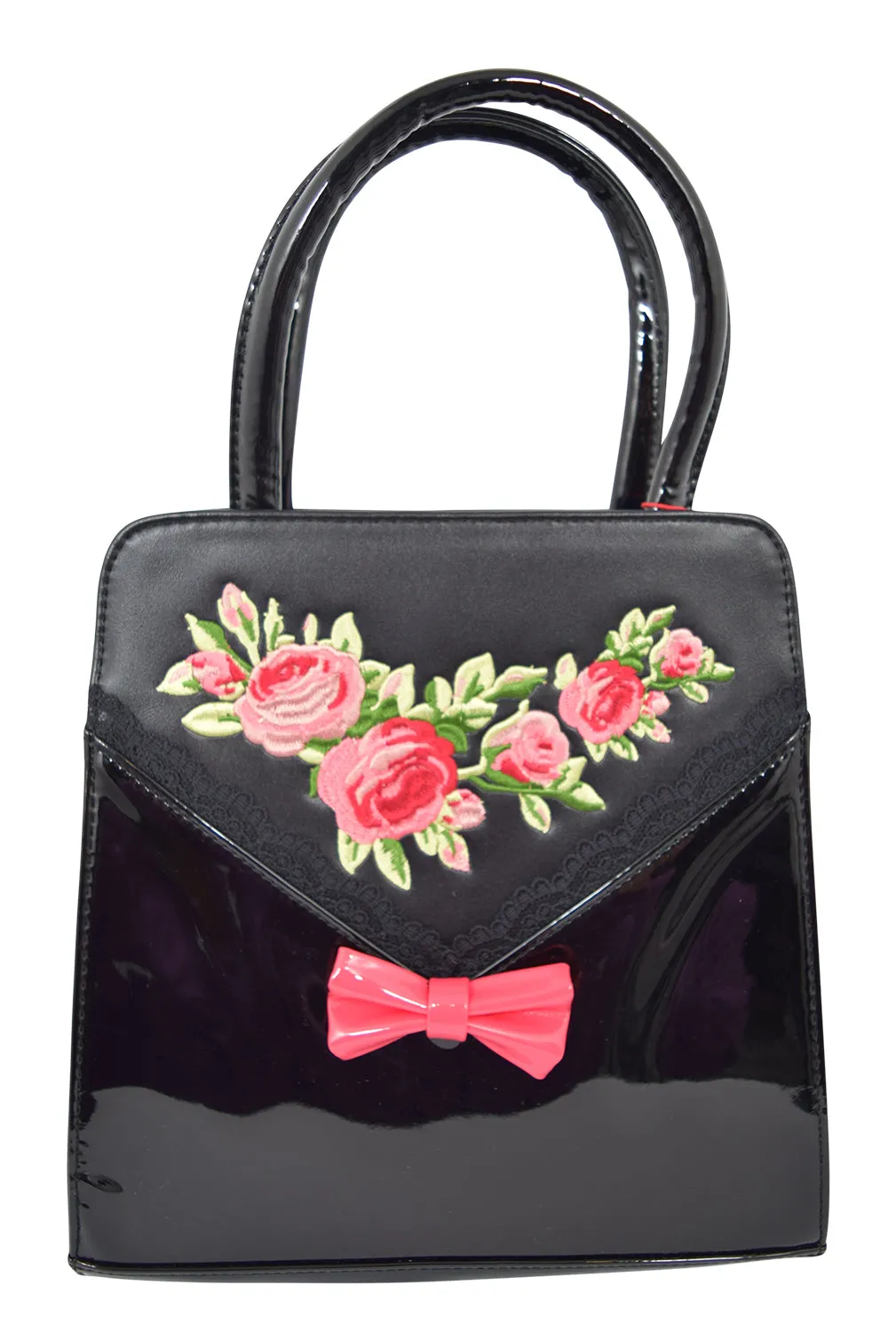Dancing Days Retro Vintage English Rose Handbag with Bow - Black