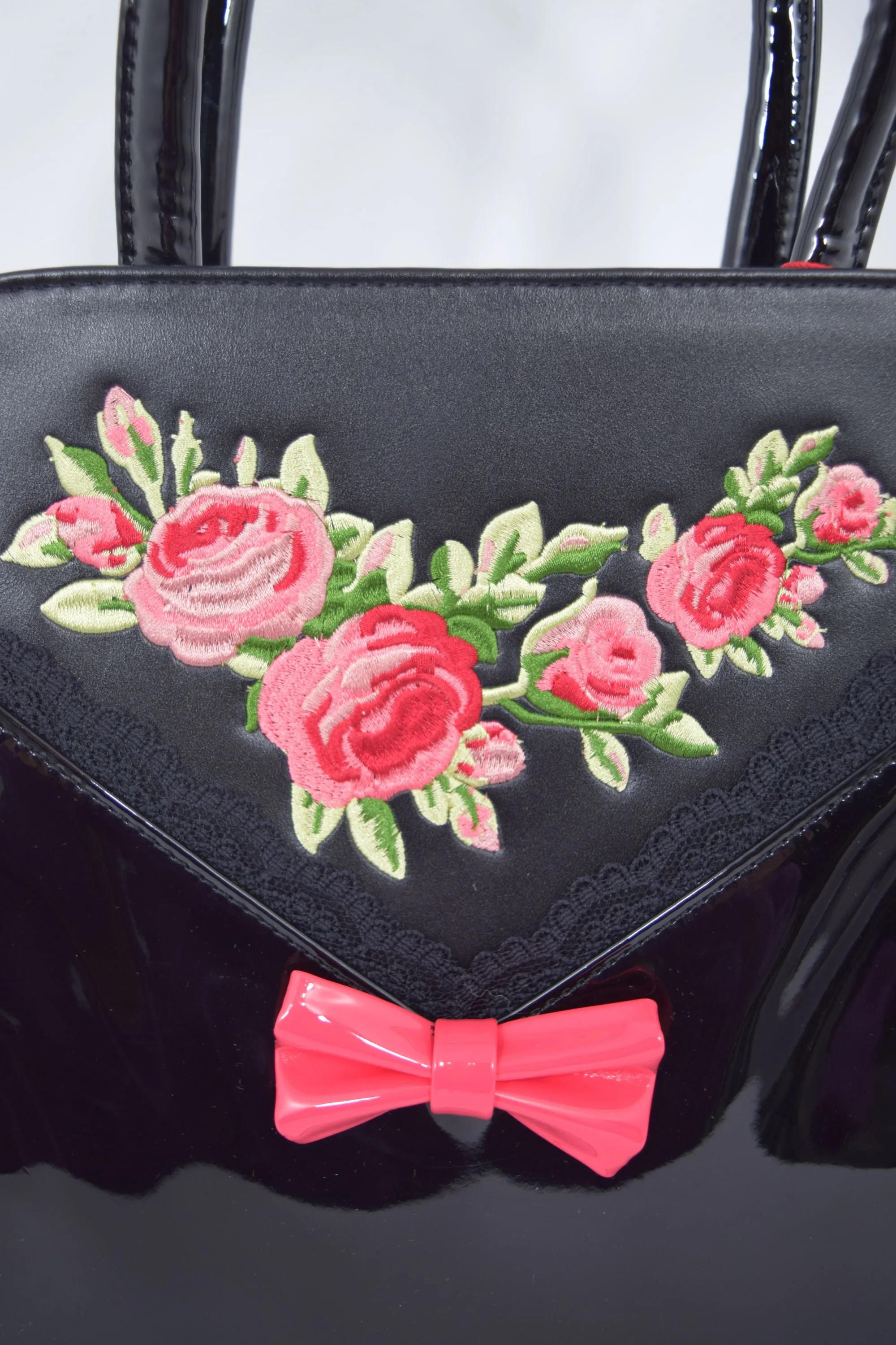 Dancing Days Retro Vintage English Rose Handbag with Bow - Black