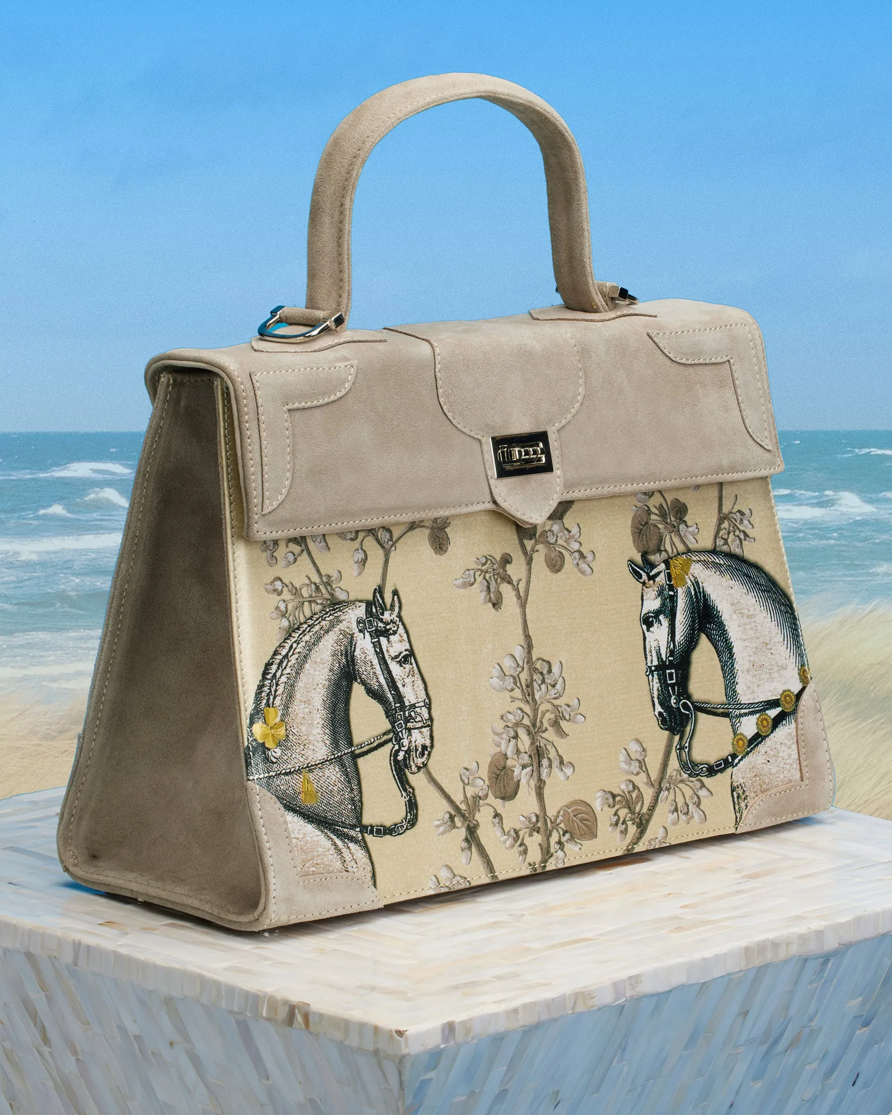 Marquise Paris Elegant Sand Top Handle Equestrian Shoulder Bag