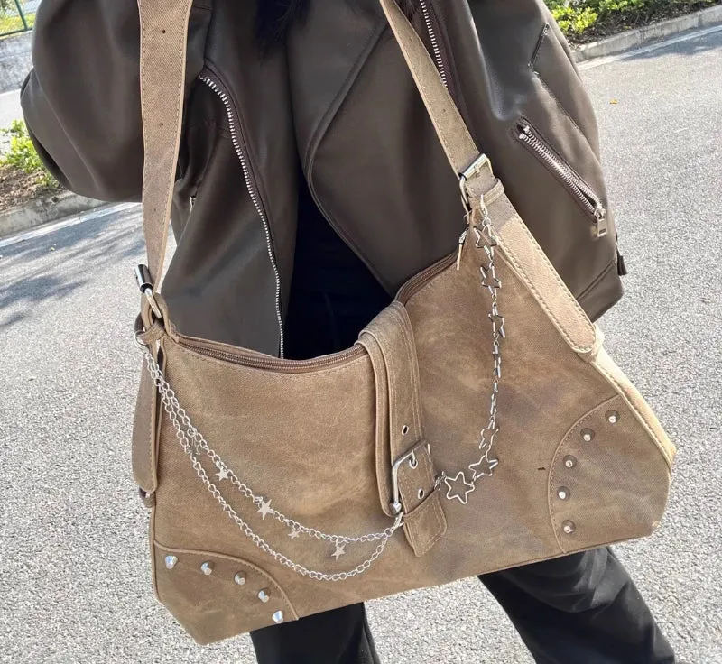 Uakiss Vintage All Match Y2k Aesthetic Simple Shoulder Bags Women Casual Rivet Chain Handbags Korean All Match Office Lady Underarm Bag