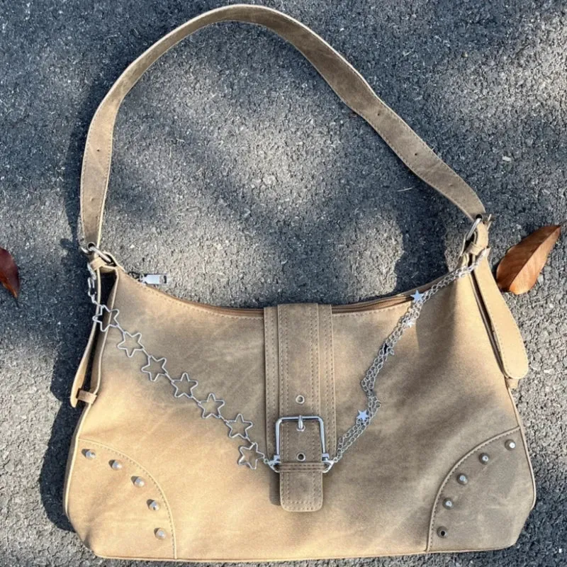 Uakiss Vintage All Match Y2k Aesthetic Simple Shoulder Bags Women Casual Rivet Chain Handbags Korean All Match Office Lady Underarm Bag