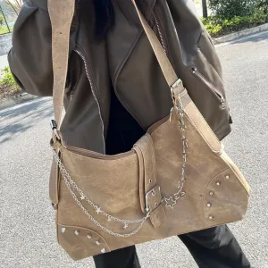 Uakiss Vintage All Match Y2k Aesthetic Simple Shoulder Bags Women Casual Rivet Chain Handbags Korean All Match Office Lady Underarm Bag