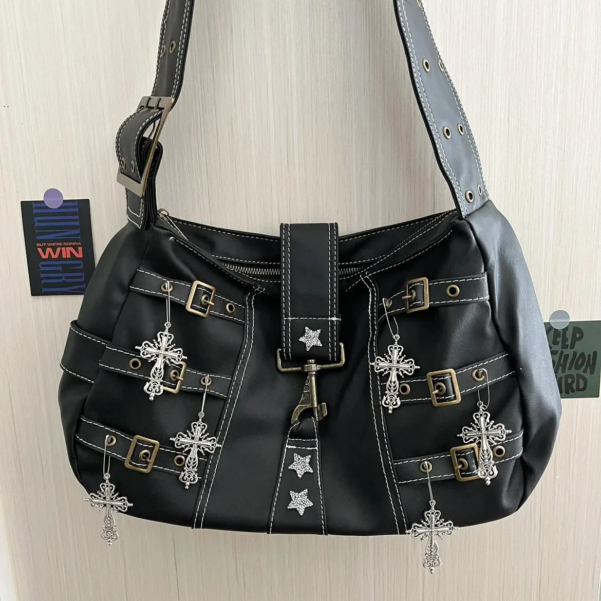 Uakiss Y2k Aesthetic Punk Cross Star Diamond Shoulder Bag Vintage Grunge Casual Handbags Women Streetwear Fashion Retro Crossbody Bags
