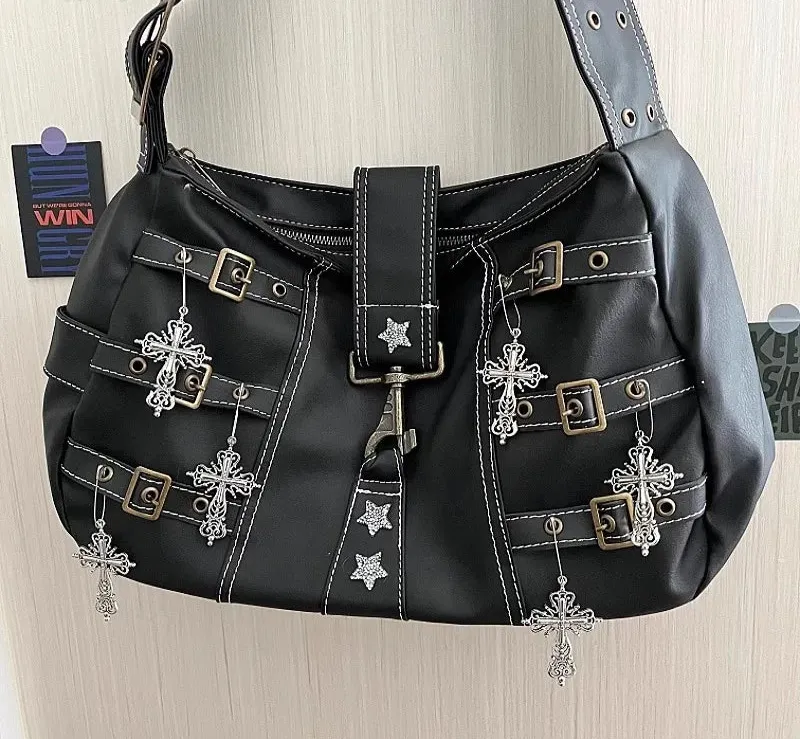 Uakiss Y2k Aesthetic Punk Cross Star Diamond Shoulder Bag Vintage Grunge Casual Handbags Women Streetwear Fashion Retro Crossbody Bags