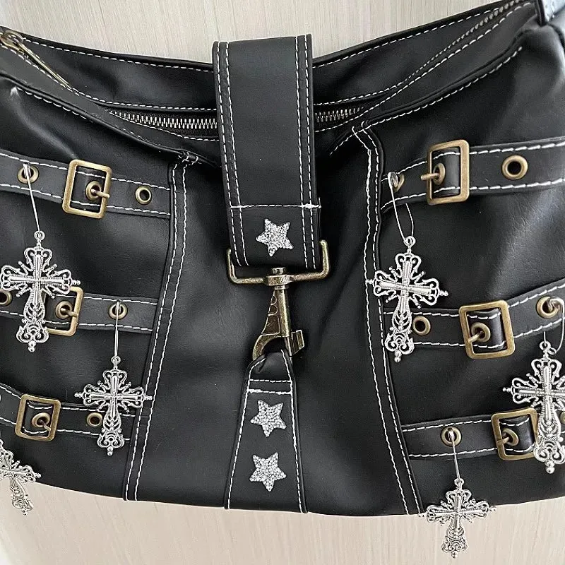 Uakiss Y2k Aesthetic Punk Cross Star Diamond Shoulder Bag Vintage Grunge Casual Handbags Women Streetwear Fashion Retro Crossbody Bags