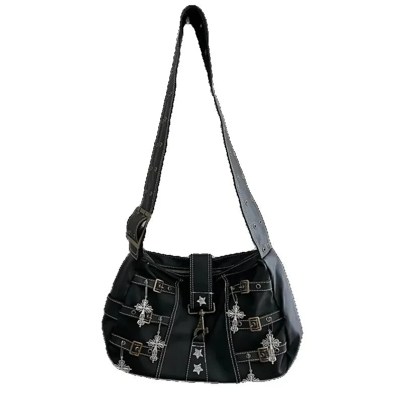 Uakiss Y2k Aesthetic Punk Cross Star Diamond Shoulder Bag Vintage Grunge Casual Handbags Women Streetwear Fashion Retro Crossbody Bags