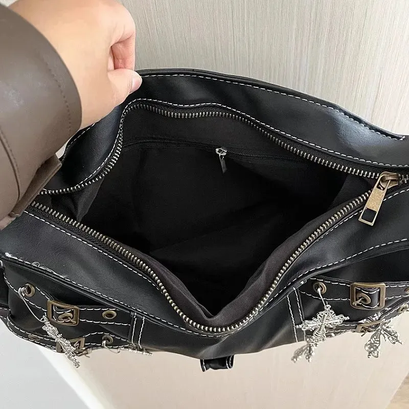 Uakiss Y2k Aesthetic Punk Cross Star Diamond Shoulder Bag Vintage Grunge Casual Handbags Women Streetwear Fashion Retro Crossbody Bags