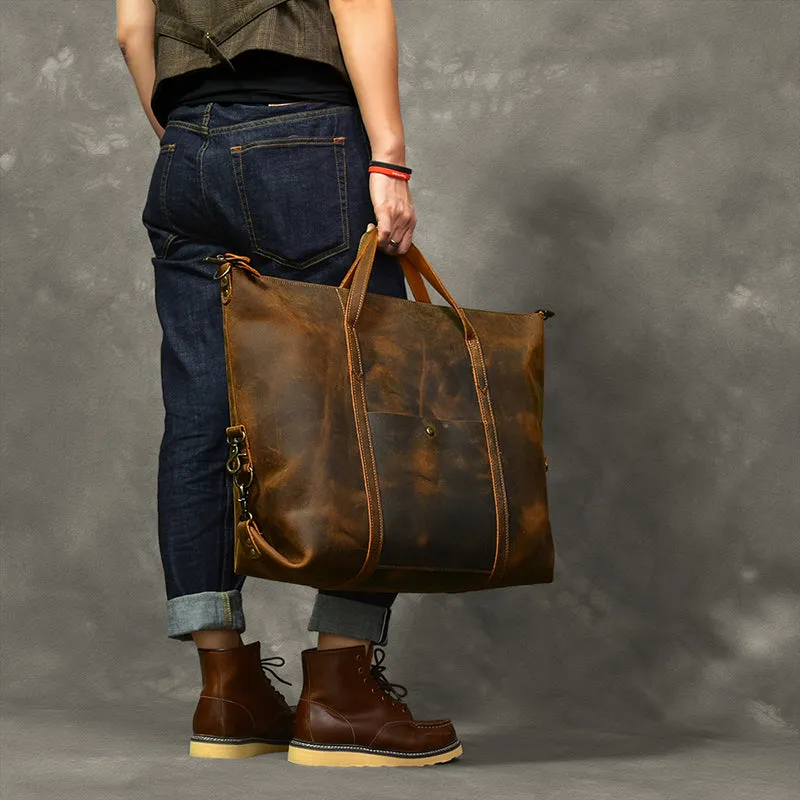 Vintage Men Travel Bags Crazy Horse Leather Men Short Trip Duffle Bag Overnight Bag