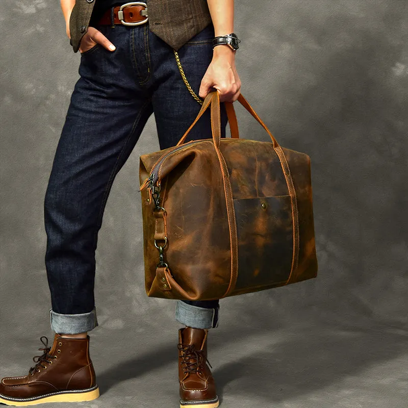 Vintage Men Travel Bags Crazy Horse Leather Men Short Trip Duffle Bag Overnight Bag