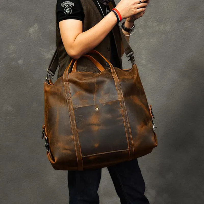 Vintage Men Travel Bags Crazy Horse Leather Men Short Trip Duffle Bag Overnight Bag