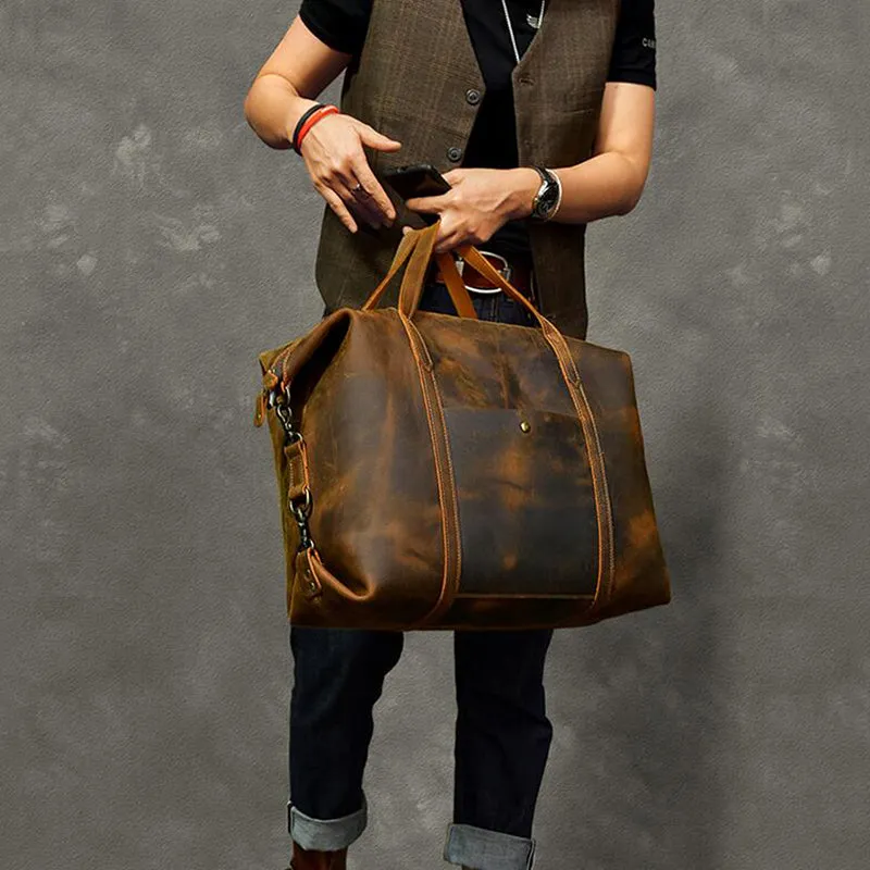 Vintage Men Travel Bags Crazy Horse Leather Men Short Trip Duffle Bag Overnight Bag