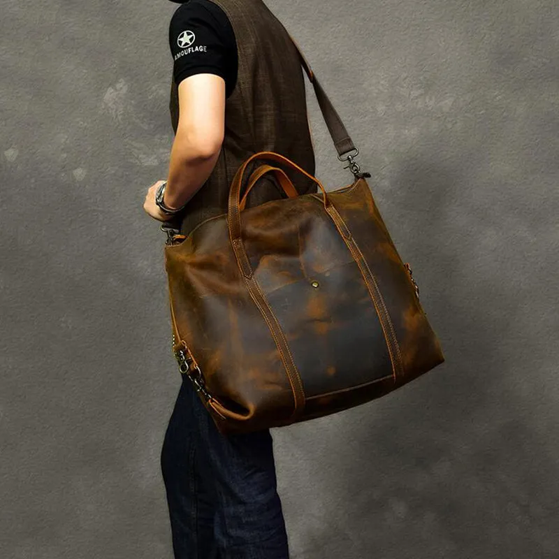 Vintage Men Travel Bags Crazy Horse Leather Men Short Trip Duffle Bag Overnight Bag