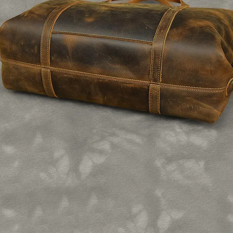 Vintage Men Travel Bags Crazy Horse Leather Men Short Trip Duffle Bag Overnight Bag